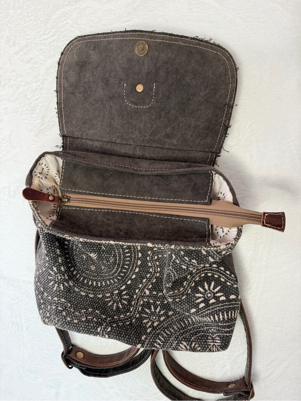 Myra Bag Carry Me Backpack Bag Cow Hide Pont Hair Bandana Print Canvas Leather - Picture 5 of 7